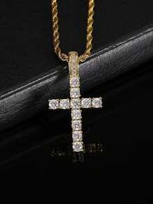 1pc Titanium Steel Twisted Chain Zirconia Micro-Inlaid Cross Pendant Necklace, Unisex Luxurious Retro Punk Fashion Long Necklace Accessory, Suitable For Casual, Party, Holiday Outfit, Versatile - Stainless Steel Twisted Chain Cross Pendant Necklace - View 3