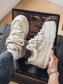 Men's Canvas Sneakers, Fashionable Casual Thick Sole Distressed Slip-On Shoes, Student Shoes - Beige - View 5