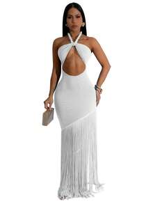 Vestido de cóctel de unicolor, sexy, con abertura y flecos en el bajo para mujer