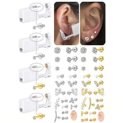 一次性耳洞枪套装，耳洞穿刺套装，自穿耳洞套装，金银耳环，防过敏不锈钢穿孔工具，家用 20G 人造珍珠耳钉和 2mm 3mm 4mm CZ 平背耳钉
