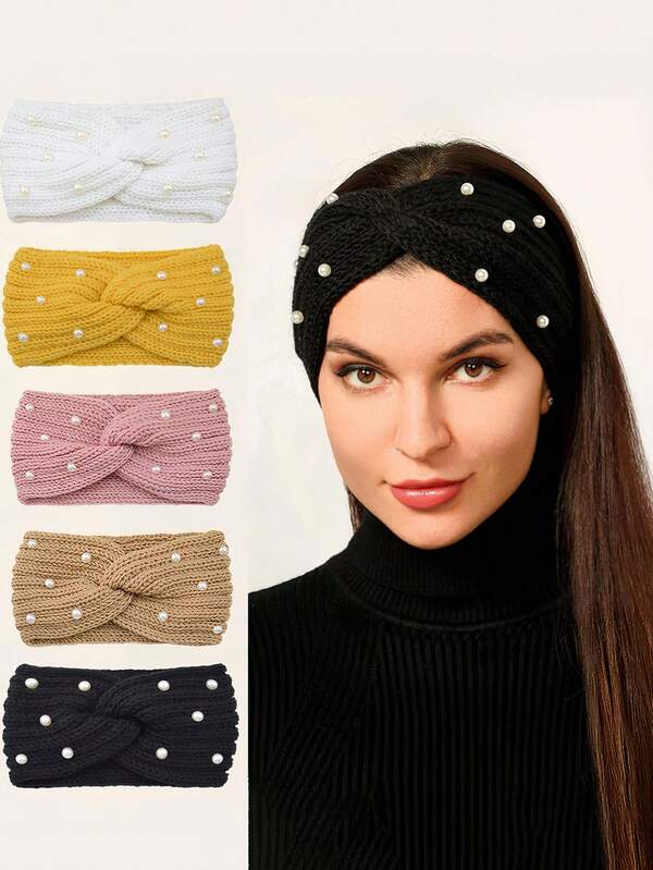 1pc Autumn/Winter New Pearl Knitted Criss-Cross Headband, Warm Ear Warmer Headwrap, Yoga Hair Accessory, Solid Color Nonwoven Windproof Headband