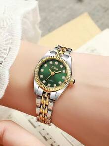 （女孩）简约高颜值时尚水钻圆点刻度表盘钢带石英表，适合生日礼物，光棍节 1 件/套 - 綠色 - 查看 3