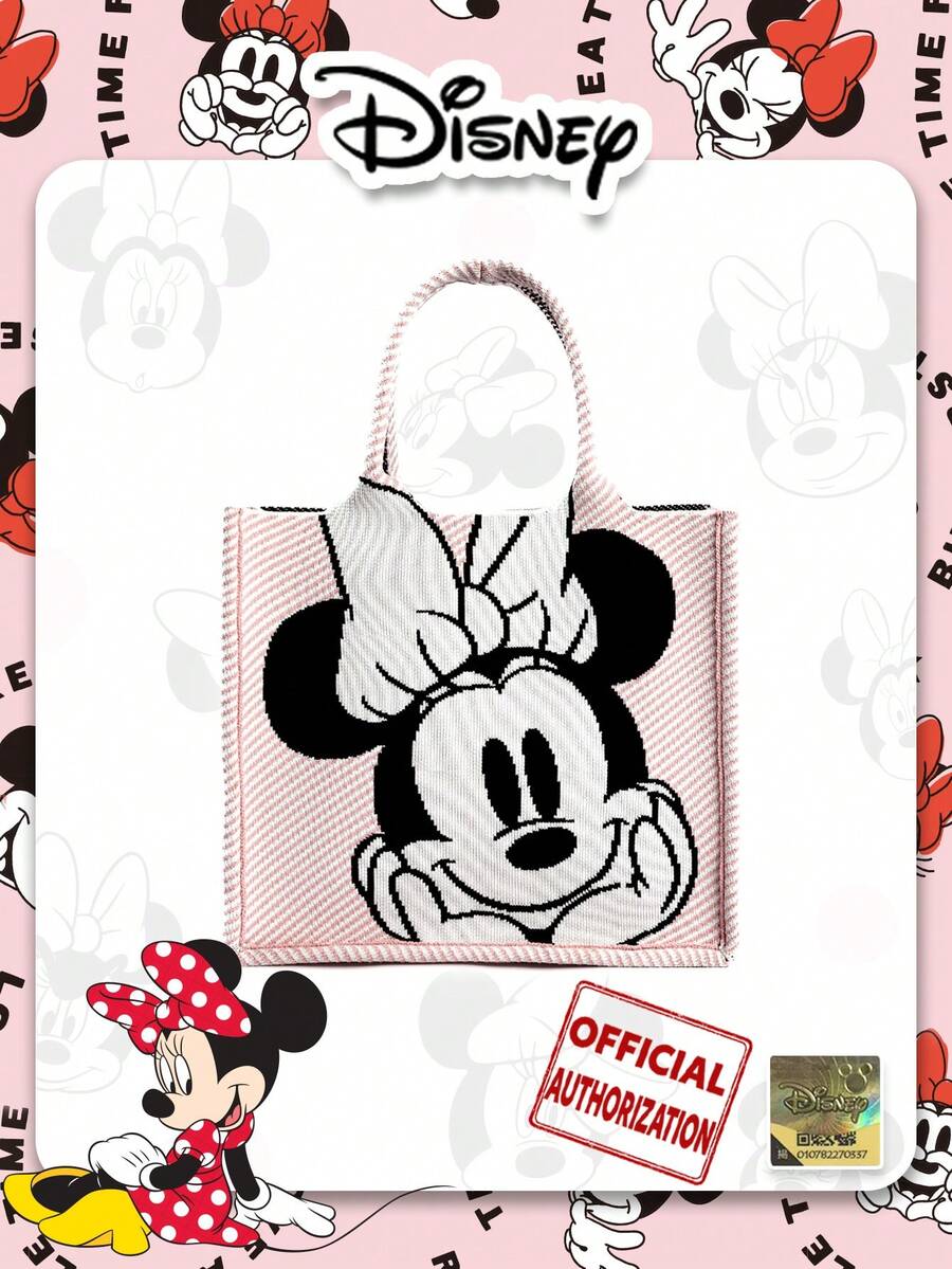 Cartoon Minnie Mouse Pattern Knitted Handbag, Portable Foldable Design Wristlet Pouch, Suitable For Daily Matching, Shopping, Parties, Holiday Gifts