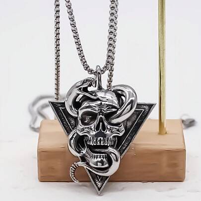 Bohemian Skull Necklace With Snake Design, Synthetic November Birthstone, Zinc Alloy Pendant, Stainless Steel Chain, Dark Punk Style Jewelry