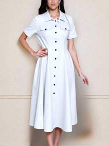 Women's Long Midi Dress With Buttons, Short Sleeves, With Pockets, Tailored Shirt, Elegant, Sensorial, Evangelical Fashion, Accentuated, Chemise 2026 - 白色 - 查看 2