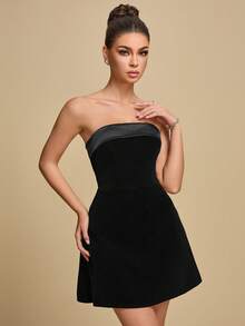 女士新款优雅浪漫无肩带黑色丝绒迷你连衣裙，适合婚礼季和派对；女士高腰A字连衣裙，适合与朋友享用早午餐、约会、情人节、生日等场合。 - 黑色 - 查看 5