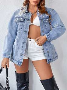 Plus Size Faux Pearl Decor Distressed Denim Jacket, Light Blue Loose Casual Ripped Denim Jacket, Suitable For Daily Street Style And Party Spring - Light Wash - View 4
