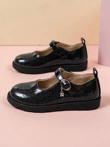 Zapatos planos de princesa/estudiante de moda brillantes y negros para niñas pequeñas, versátiles para primavera y otoño