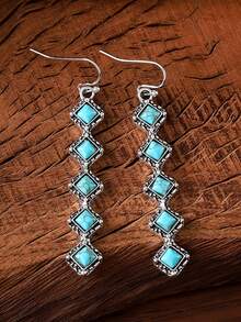 1pc Vintage Turquoise Inlaid Tassel Earrings, Minimalist Versatile Jewelry Accessory - Multicolor - View 3