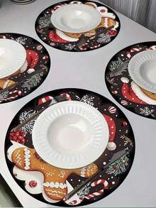 4 Stück Weihnachts-Lebkuchenmann runde hitzebeständige Diatomeen-Erde Untersetzer/Tischsets mit Weihnachtsmann-Mütze und Schal-Design - geeignet für Weihnachts-Esszimmer, Weihnachtsparty-Dekoration, Weihnachtstisch-Dekoration, nur von Hand waschen