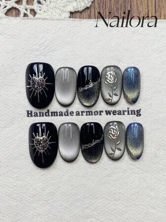 10 件手工指甲椭圆形指甲人造按压指甲短指甲，极简主义灰黑色指甲，星光闪耀猫眼，闪光粉手绘玫瑰心，独特可爱简约优雅奢华手工秋季指甲秋季按压指甲，万圣节指甲，多功能指甲 DIY 假指甲艺术派对日常和约会使用海滩热带度假适合可重复使用，适合女士和女孩作为礼物指甲用品