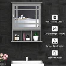 Stylish Grey Wall-Mounted Bathroom Cabinet With Mirror Door And 3 Shelves - Versatile Organizer For Bathroom, Kitchen, And Bedroom Spaces