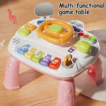 Juguete de cochecito de bebé en miniatura, volante de juguete para el asiento trasero de niños con diseño de dibujos animados, asiento de coche de simulación educativa con patas de mesa desmontables, con luz y sonido, adecuado para niños de 1 a 3 años, regalo ideal (baterías no incluidas)