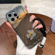 Flower Pattern Phone Case With A Bonus Bracelet Paired With Sunset Hues And Sandy Shores. Compatible With IPhone 16, 15, 14, 13, 12, And 11 Pro Models, Made Of TPU With Shockproof Protection. A Lovely Gift For Family, Friends, Children, Birthdays, Spring Festival, Holidays, Boyfriends, Girlfriends, And Valentine's Day. - Black - View 4