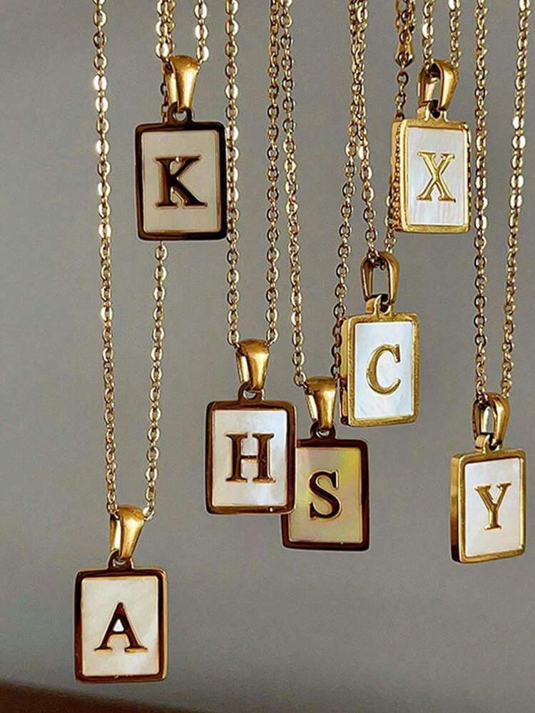 1 Piece Fashionable Stainless Steel Square Pendant Shell. 26 English Letters A-Z, Necklace, Non-Fading, Suitable For Ladies' Daily Wear. - Multicolor - View 2