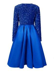 Magic Mia Elegant Satin Midi Dress For Women, Velvet Sequin Contrast, A-Line, Long Sleeves, Crew Neck, No Belt, Holiday Party Dress, Christmas Dress, No Padding, Regular Fit, Solid Color - 寶藍色 - 查看 3