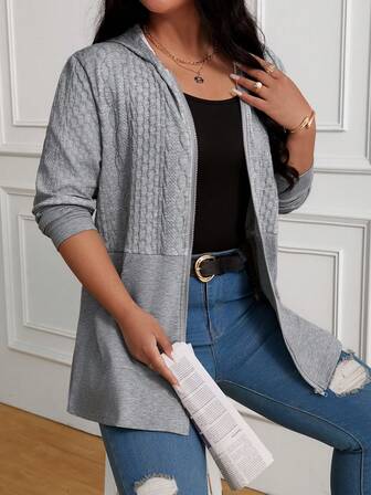 纯色拉链口袋罗纹休闲夹克，女士秋装