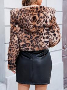 Chaqueta con capucha de manga larga con estampado de leopardo y falso pelo de mujer