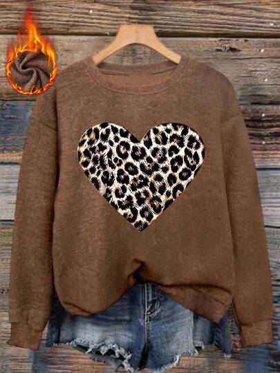 Leopard Print Heart Pattern Women's Casual Elegant Faux Knit Sweater Top, Suitable For Parties, Cozy Gatherings, And Everyday Wear, Great Mother's Day Gift, Machine Washable, Soft And Comfortable Fabric, Warm Innerwear, Suitable For St. Patrick's Day, Good Luck Charm, Shamrock, Carnaval, Carnival Event, Year Of The Horse, Graphic Print Valentine's Day, Women's Valentine's Day Gift, Casual Wear Valentine's Day, Carnival Costumes 2026, Horse Element Carnival