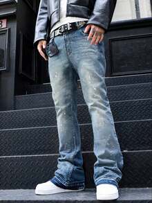 Celana Jeans Denim Stretch Slim Fit, Celana Jeans Kasual Katun Washed dengan Efek Usang, Celana Jeans Denim Washed dengan Kantong Miring untuk Pria, Celana Jeans Lurus Ringan untuk Bisnis Kasual, Cocok untuk Semua Musim - Biru - View 3