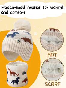 2 件恐龙冬季儿童针织帽，男孩女孩保暖内衬无檐小便帽围巾套装，厚针织绒球帽和颈部保暖围巾套装