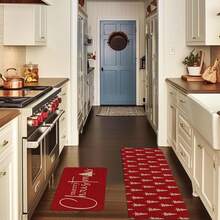 1/2-częściowa mata podłogowa na Boże Narodzenie, luksusowe czerwone tło ozdobione białym wzorem choinki, mata kuchenna, motyw radości, dekoracja w świątecznym klimacie, idealna do gabinetu, kuchni, sypialni, dekoracji domu, tworząca wygodną i wykwintną, radosną atmosferę - Wielokolorowe - Zobacz 4