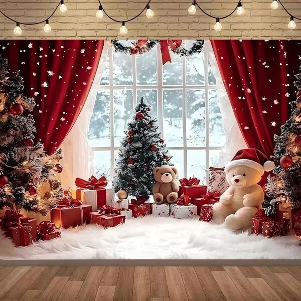 1pc Christmas Banner, With A Fairy-Tale-Like Snowman As The Background, Complemented By Red Curtains, Teddy Bears, And Gift Patterns, Made Of Polyester, Available In Multiple Sizes, Is Perfect For Indoor Celebrations, Courtyards, Photography Studio Shoots, And Christmon-Themed Decorations
