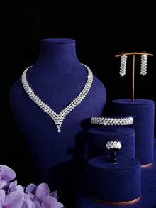 5pcs Set Cubic Zirconia Necklace Earrings Jewelry Set For Women, Including Earrings, Ring, Bracelet, Necklace, Suitable For Daily Outing, Party, Wedding, Birthday, Festival Occasions