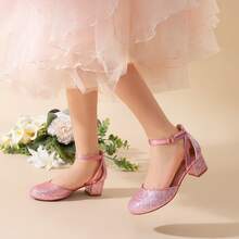 Little Girl's Wedding Party Pumps - Closed Toe High Heels With Ankle Strap For Toddler & Big Kid - Pink - View 3