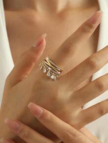 jealous young 1pc Glamorous Vintage Cross Water Drop Tassel Cubic Zirconia Wedding Rings,Shiny Multilayer Geometric Ring For Engagement Party ,Daily Accessories - Yellow Gold - View 3