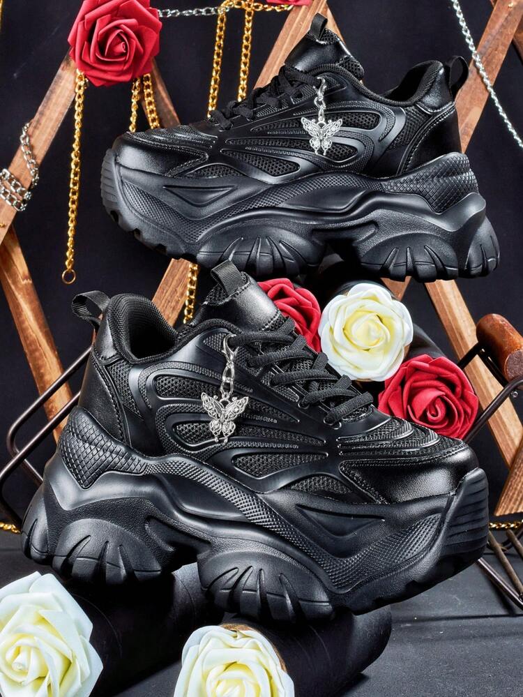 Women's Silver Metal Butterfly Decor Fashionable Sneakers With EVA Solid Thick Platform, 7cm Elevator Black High Heels, Punk Style Versatile, Plus Size Comfortable Warm Autumn/Winter Sneakers For Teenagers, College Students, Outdoor All Season Lightweight Non-Slip Running Shoes, Summer Breathable Quick-Dry Mesh Casual Sandals For Daily, Date, Gym, Office - Black - View 18