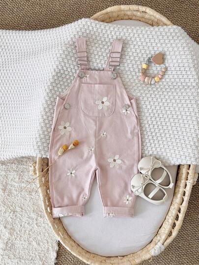 Baby Girls' Casual Allover Embroidered Floral Light Blue Suspender Pants, Summer