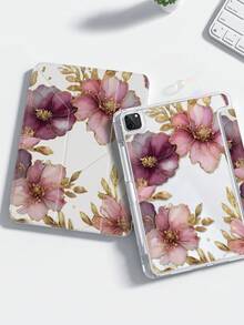 Elegant & Cute Cartoon Pink Gold-Plated Floral Double-Sided Acrylic Transparent Crystal Back Cover, Shock-Resistant And Durable, Suitable For IPad 7th, 8th And 10th Generation (10.2 Inch). It Has A Built-In Pen Slot, Supports Sleep/Wake Function And Multiple Folding Stand Modes. These Make Great Halloween And New Year Gifts. - Multicolor - View 2