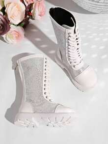 1 双女童秋冬高帮靴，后拉链高筒靴，儿童时尚公主高帮靴，简约优雅的设计 - 白色 - 查看 2