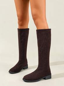 女士时尚过膝靴，适合春、秋、冬季，百搭棕色高筒靴，后拉链，仿麂皮，舒适女士时尚过膝靴，适合日常、节日、情人节和派对场合 - 咖啡棕 - 查看 4