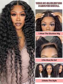 NARNI 30 Inch Glueless Wigs Human Hair Pre Bleached Knots 6x4 HD Pre Cut Lace Natural Hairline Curly Human Hair Wig For Women 250% Density Glueless Wig Ready To Wear And Go Wig Natural Black Color - Natural Black - 查看 4