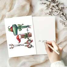 1pc Christmas Hairstylist Thank You Card - Holiday Greeting Card For Salon, Designed With Scissors, Comb And Hairdryer - Red And Green Christmas Theme - Includes Matching Envelope - Suitable For Hairstylists, Stylists, Customers - Christmas, New Year, Salon Appreciation Gift - Paper Card, Playful Illustration, Premium Cardstock, Stylist Expression