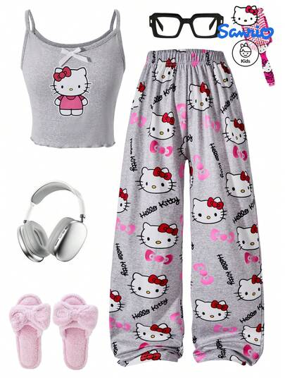 Sanrio Mädchen modisches, lässiges und süßes neues Zweiteiler-Set, bestehend aus Hello Kitty bedruckter Weste und Hose, lizenziert von Sanrio, geeignet als Sommerhaus-Outfit