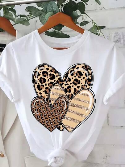 Camiseta Casual de Cuello Redondo de Manga Corta para Mujeres con Diseño de Corazón de Estampado de Leopardo, Tejido de  Suave, Longitud Regular, Blusa de Estampado de Leopardo para Atuendo Casual 100% Algodón