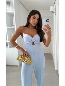 Women's Long Jumpsuit Tailored Strapless With Elastic On The Back Elegant Stylish Super - Màu xanh nhạt - Xem 2