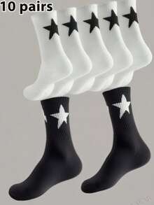 12 Pairs Black & White Star Design Mid-Calf Socks, Moisture-Wicking Soft, Versatile For All Seasons, Men's Socks