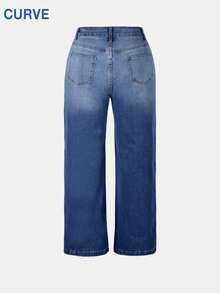 大码女式蓝色口袋休闲直筒牛仔裤，54%棉弹力牛仔布，适合秋冬季穿搭、圣诞节、新年和春节。