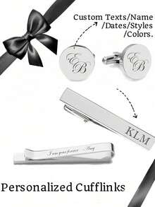 1 Set Customized Engraved Tie Clip, Personalized Cufflinks, Silver Round Cufflinks And Tie Clip Set With Letter, Stainless Steel Engraved Round Cufflinks, Suitable As Bride's Gift, Anniversary Gift Or Valentine's Day Gift For Husband - Multicolor - View 8