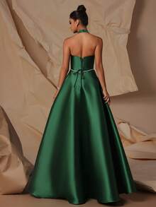 VIPGIRL Robe de soirée élégante pour femme sans manches, dos nu, à bretelles spaghetti, décorée de sequins contrastés, fente haute sur la cuisse, en tissu tissé long dos nu - Vert - Voir 2
