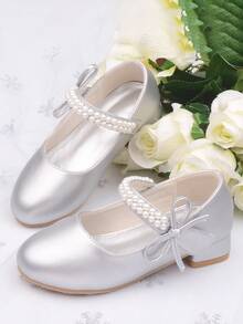 女童珍珠公主鞋，白色皮鞋，中跟，春秋 - 灰色 - 查看 1