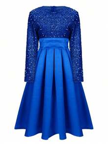 Magic Mia Elegant Satin Midi Dress For Women, Velvet Sequin Contrast, A-Line, Long Sleeves, Crew Neck, No Belt, Holiday Party Dress, Christmas Dress, No Padding, Regular Fit, Solid Color - 寶藍色 - 查看 2