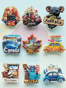 1个世界文化3D冰箱贴，印有9个国家地标，例如日本和服、加拿大枫叶、自由女神像、甲虫等。采用高饱和度树脂压花工艺，精准再现文化符号。双尺寸标记（标准尺寸6.5厘米/2.55英寸），带有樱花烫印和彩虹路标等细节，彰显收藏品质。是旅行纪念品市场和文化收藏产品的理想之选。 - 彩色 - 查看 2