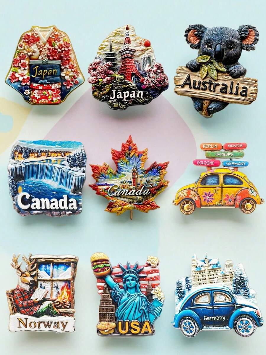 1个世界文化3D冰箱贴，印有9个国家地标，例如日本和服、加拿大枫叶、自由女神像、甲虫等。采用高饱和度树脂压花工艺，精准再现文化符号。双尺寸标记（标准尺寸6.5厘米/2.55英寸），带有樱花烫印和彩虹路标等细节，彰显收藏品质。是旅行纪念品市场和文化收藏产品的理想之选。