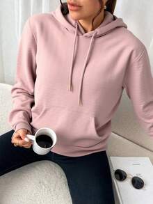 Capucha con estampado de cuadros con cordón con bolsillo de canguro