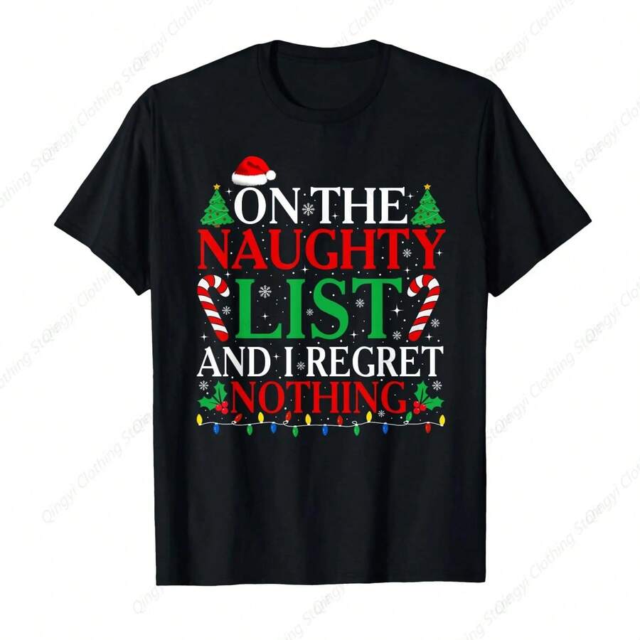 On The List Of Naughty And I Regret Nothing  Christmas T-Shirt - màu đen - Xem 1